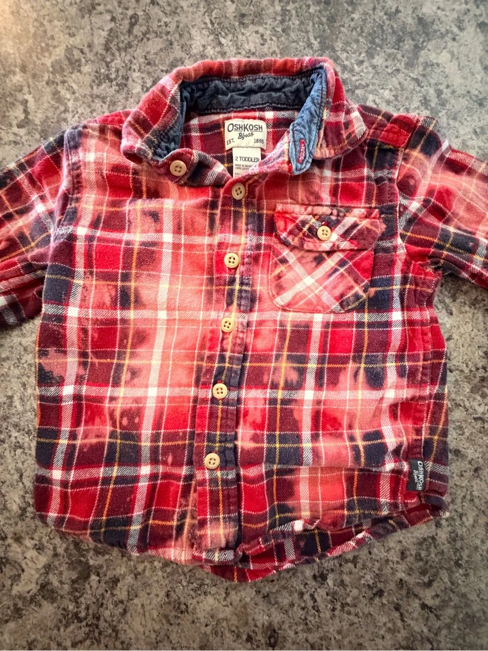 OshKosh B’gosh Toddler 2T Red Plaid Button Up Shirt Bleach Distressed